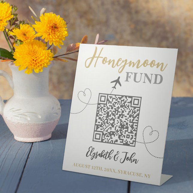 Chic White and Gold Elegant QR Code Honeymoon Fund Pedestal Sign (Creator Uploaded)