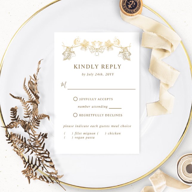 Chic White and Gold Gilded Leaves, RSVP with Meals (Creator Uploaded)