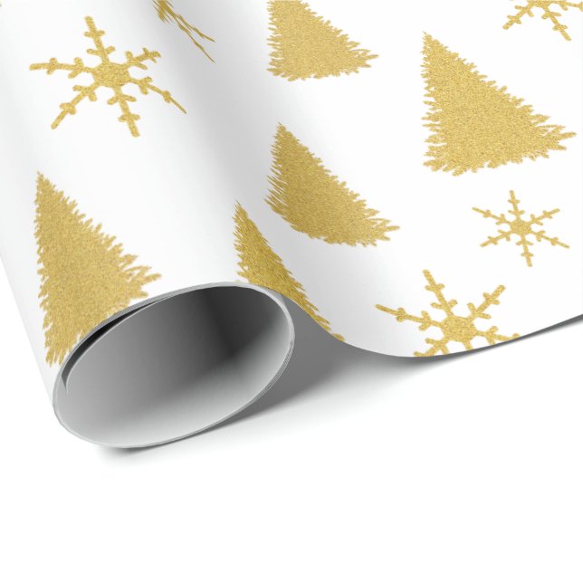 Chic White and Gold Glitter Christmas Tree Pattern Wrapping Paper (Roll Corner)