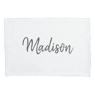 Chic White and Grey Brushed Script Monogram Name Pillowcase