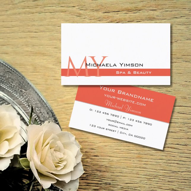 Chic White and Salmon with Monogram Professional Business Card (Creator Uploaded)