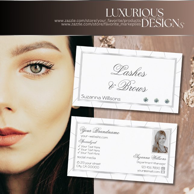 Chic White and Silver Frame with Diamonds & Photo Business Card (Creator Uploaded)