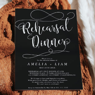 Chic white black calligraphy rehearsal dinner invitation