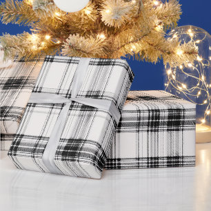 Chic White Black Monochrome Ivory Plaid Pattern Wrapping Paper
