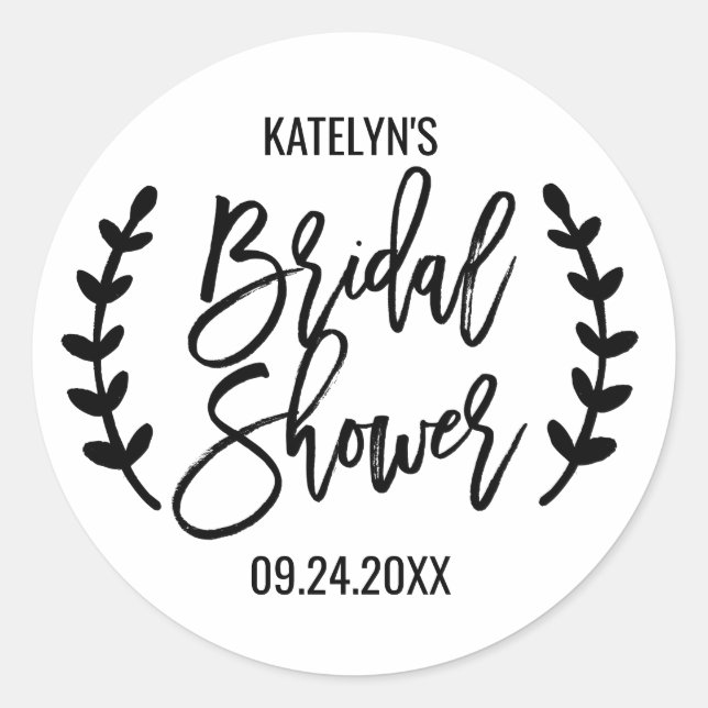 Chic White Black Olive Branches Bridal Shower Classic Round Sticker (Front)