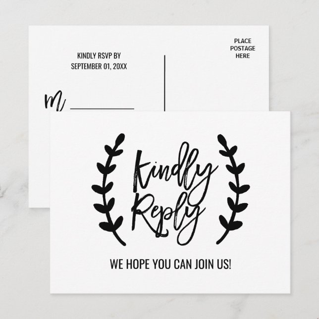 Chic White Black Olive Branches Song Request RSVP Invitation Postcard (Front/Back)