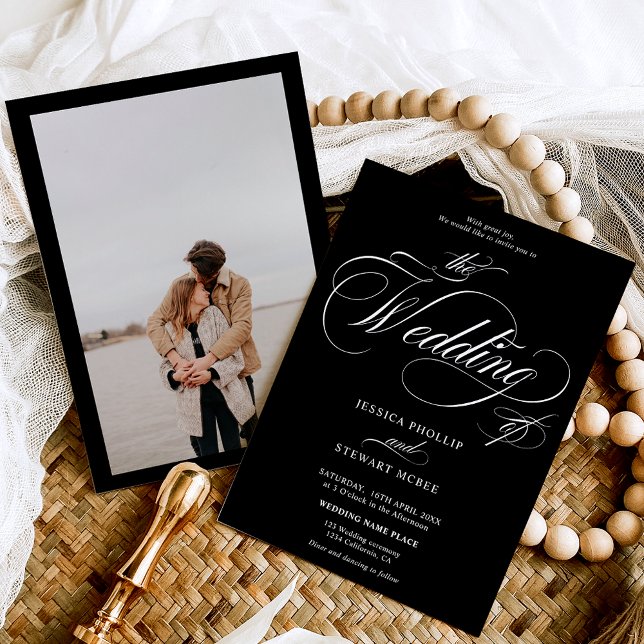 Chic white black photo calligraphy wedding invitation (Chic white black photo calligraphy wedding invitation)