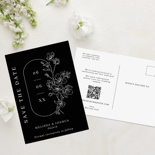 Chic White Blossoms on Black Wedding Save the Date Announcement Postcard (Creator Uploaded)