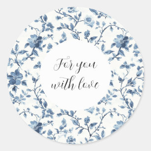 Chic White Blue Floral Classic Round Sticker