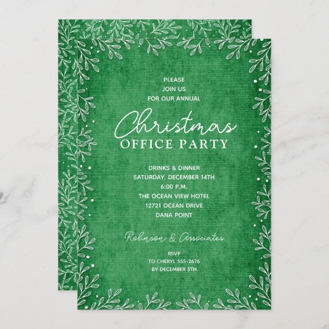 Chic White Botanicals Green Christmas Invitations (Front/Back)