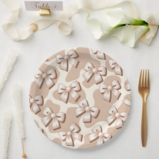 Chic White Bow & Beige Cow Print Halloween –  Paper Plate (Wedding)