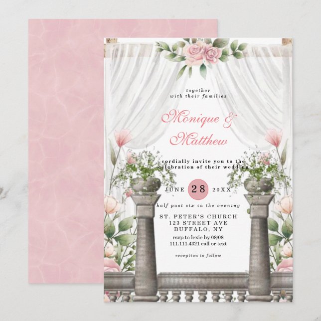 Chic White Canopy Pink Florals Wedding Invitation (Front/Back)