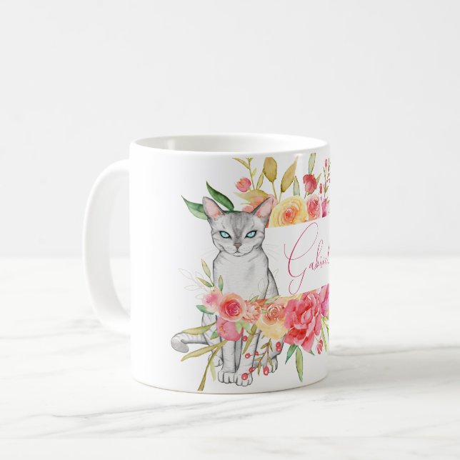 Chic White Cat and Flower Garden Personalized Coffee Mug (Front Left)
