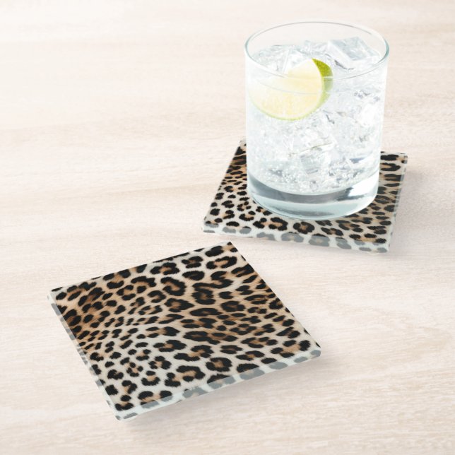 Chic White Cream Black Leopard Print Glass Coaster (Angled)