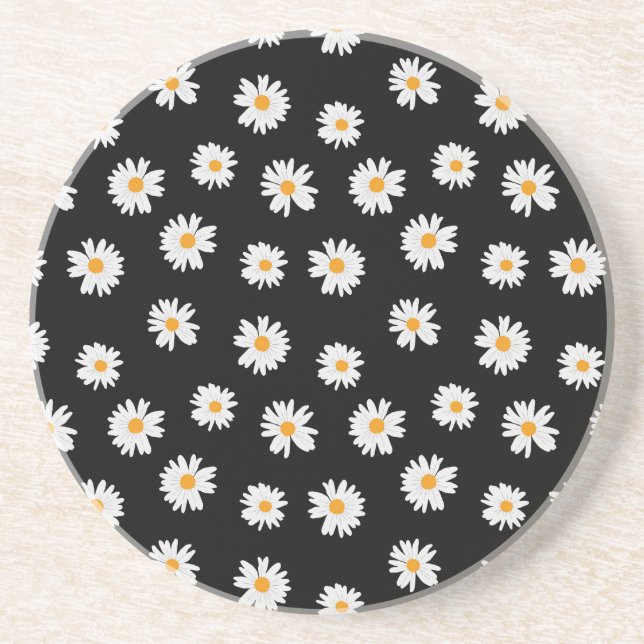  Chic White Daisies Pattern on black background  Coaster (Front)