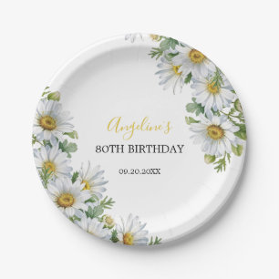 Chic White Daisy Floral Greenery Birthday Paper Plate