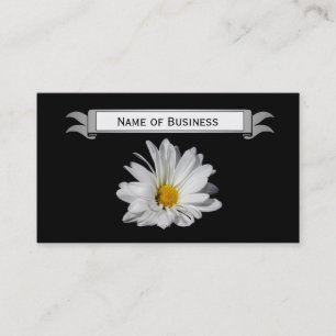 Chic White Daisy on Black Background With Name Business Card