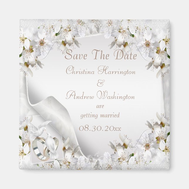 Chic White Dove Paisley Lace Save The Date Magnet (Front)