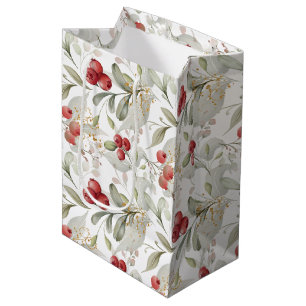 Chic White Elegant Greenery Botanical Christmas  Medium Gift Bag