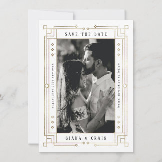 Chic White Faux Gold Foil Art Deco Save the Date Announcement