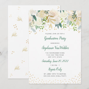 Chic White Floral Gold Confetti Graduation Invites