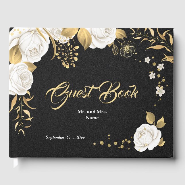 chic white floral gold leaves black guest book (Front)