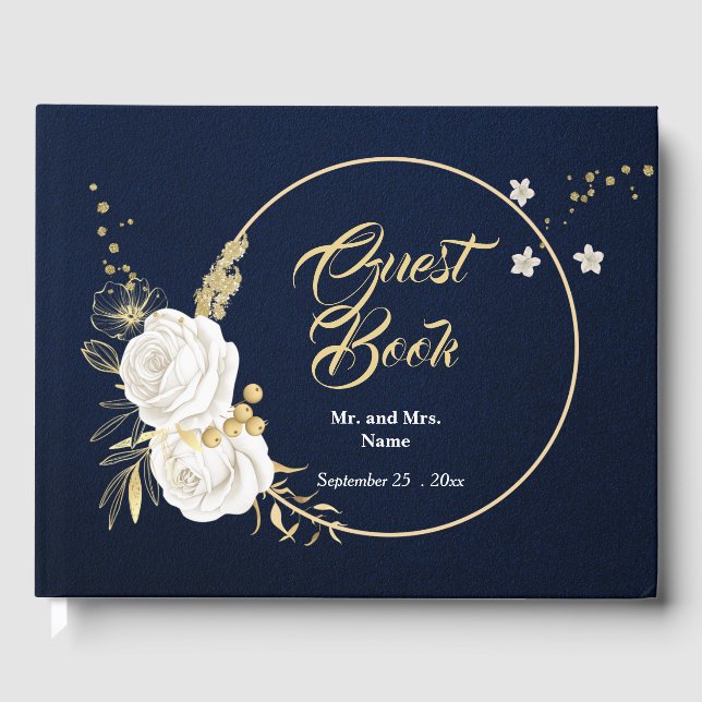 chic white floral gold leaves navy blue guest book (Front)
