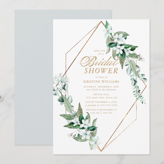 Chic White Floral Greenery Sage Bridal Shower Invitation (Front/Back)