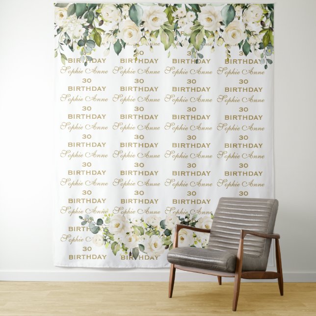 Chic White Floral Step & Repeat Birthday Backdrop Tapestry (In Situ)