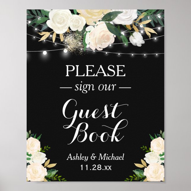 Chic White Floral String Lights Sign Our Guestbook (Front)