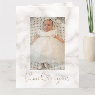 Chic White Flowers Gold Cross Photo Christening Thank You Card