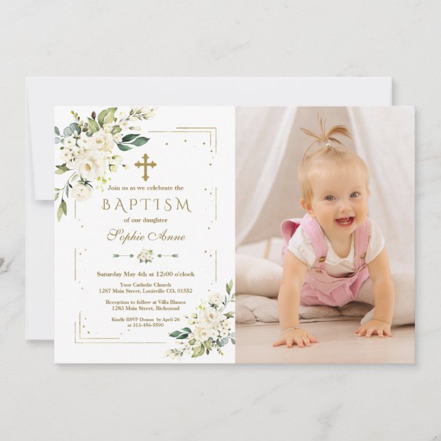 Chic White Flowers Gold Girl Photo Baptism Invitation (Front)