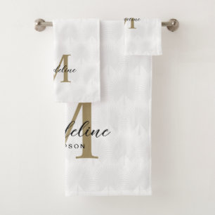 Chic White Gold Anahaw Leaf Script Monogram Bath Towel Set