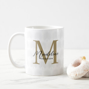 Chic White Gold Anahaw Leaf Script Monogram Coffee Mug