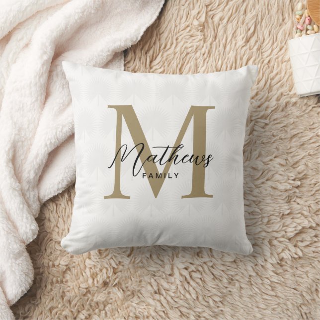 Chic White Gold Anahaw Leaf Script Monogram Throw Pillow (Blanket)