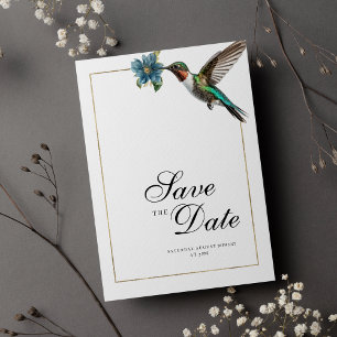 Chic white gold colourful hummingbird Save The Dat Invitation