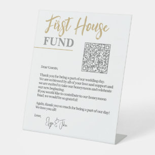 Chic White & Gold Elegant QR Code First House Fund Pedestal Sign