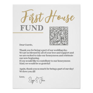 Chic White & Gold Elegant QR Code First House Fund Poster
