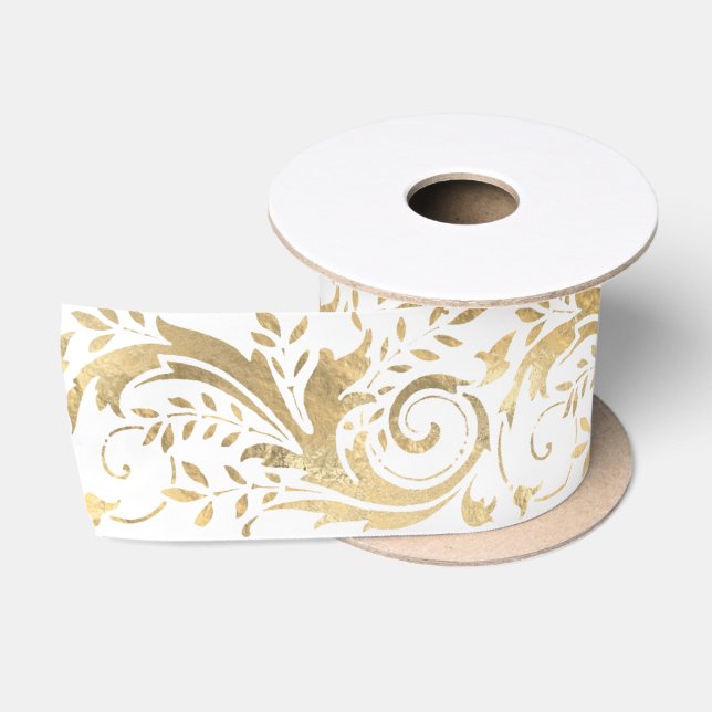 Chic White Gold Floral Scroll Modern Pattern Satin Ribbon (Spool)