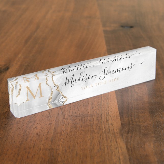 Chic White Gold Glitter Agate Monogram Script Name Nameplate (Side)