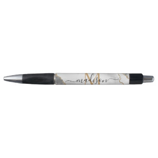 Chic White Gold Glitter Agate Monogram Script Name Pen