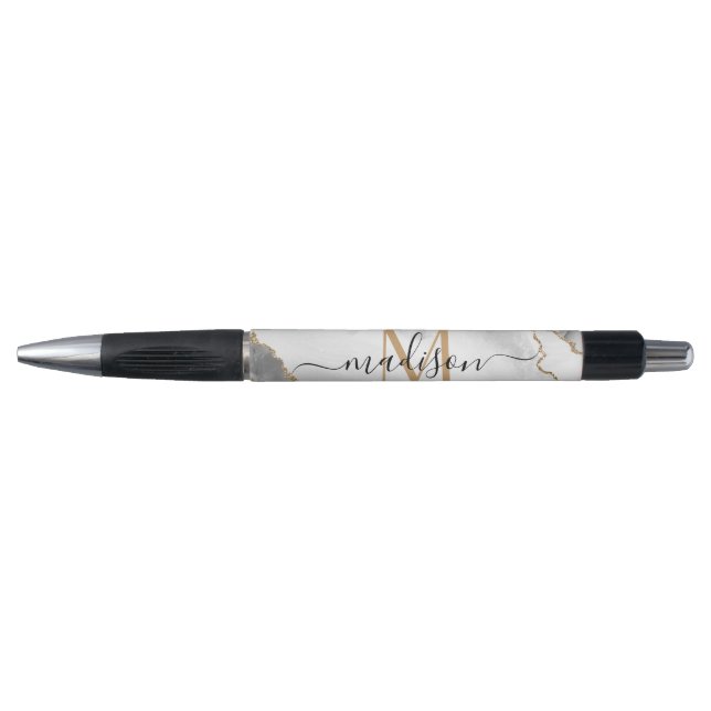 Chic White Gold Glitter Agate Monogram Script Name Pen (Front)