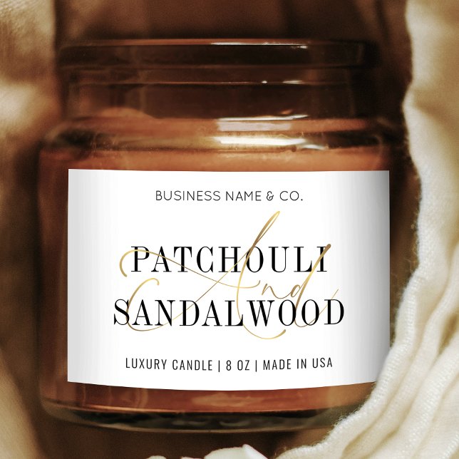 Chic White & Gold Modern Candle Jar Product Label (Modern white and gold business packaging labels, in white and gold)