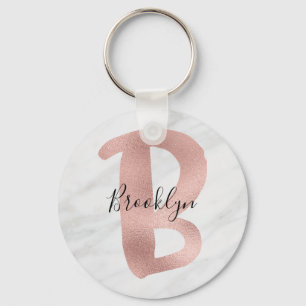 Chic White & Gray Marble Rose Gold B Monogram Name Keychain