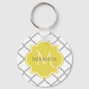 Chic White Gray Quatrefoil Yellow Monogrammed Name Keychain