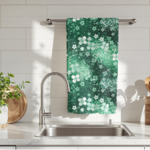 Chic White Green Shamrocks & Dots on Dark Green Kitchen Towel