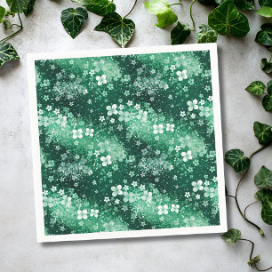 Chic White Green Shamrocks & Dots on Dark Green Napkin