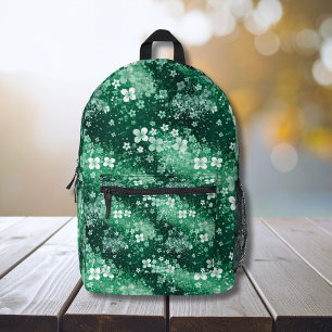 Chic White Green Shamrocks & Dots on Dark Green Printed Backpack
