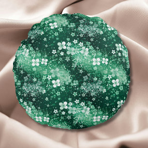 Chic White Green Shamrocks & Dots on Dark Green Round Pillow