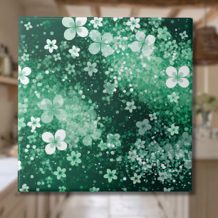 Chic White Green Shamrocks & Dots on Dark Green Tile